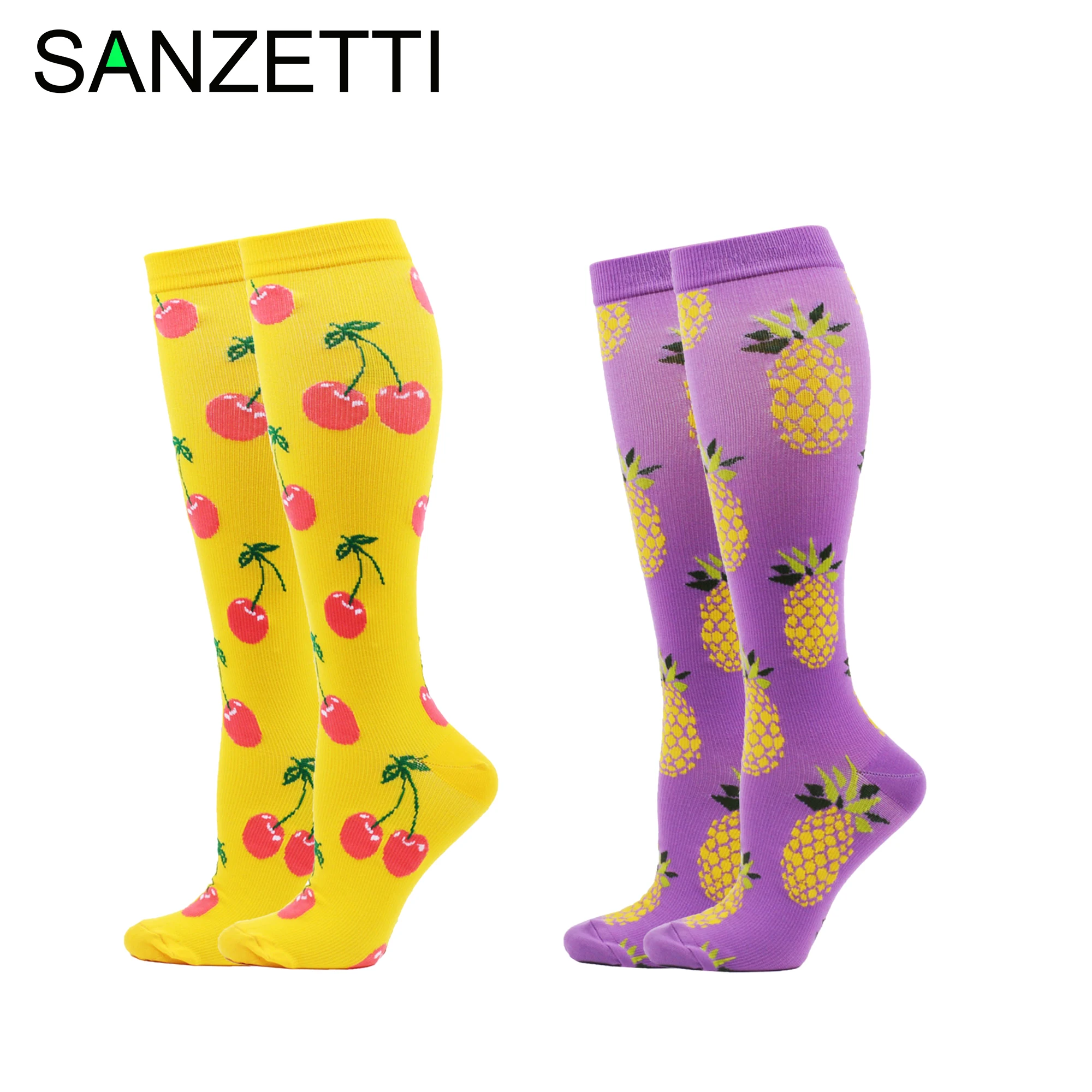 

SANZETTI 2 Pairs Hot Women Leg Support Stretch Combed Cotton Compression Socks Cherry Below Knee Anti-Fatigue Long Happy Socks