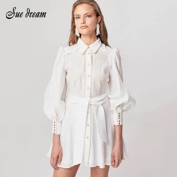 

2020 New Women'S Fashion Retro Lvory White Lapel Lantern Sleeve Embroidery Button Belt Mini Dress Bodycon Club Party Dress