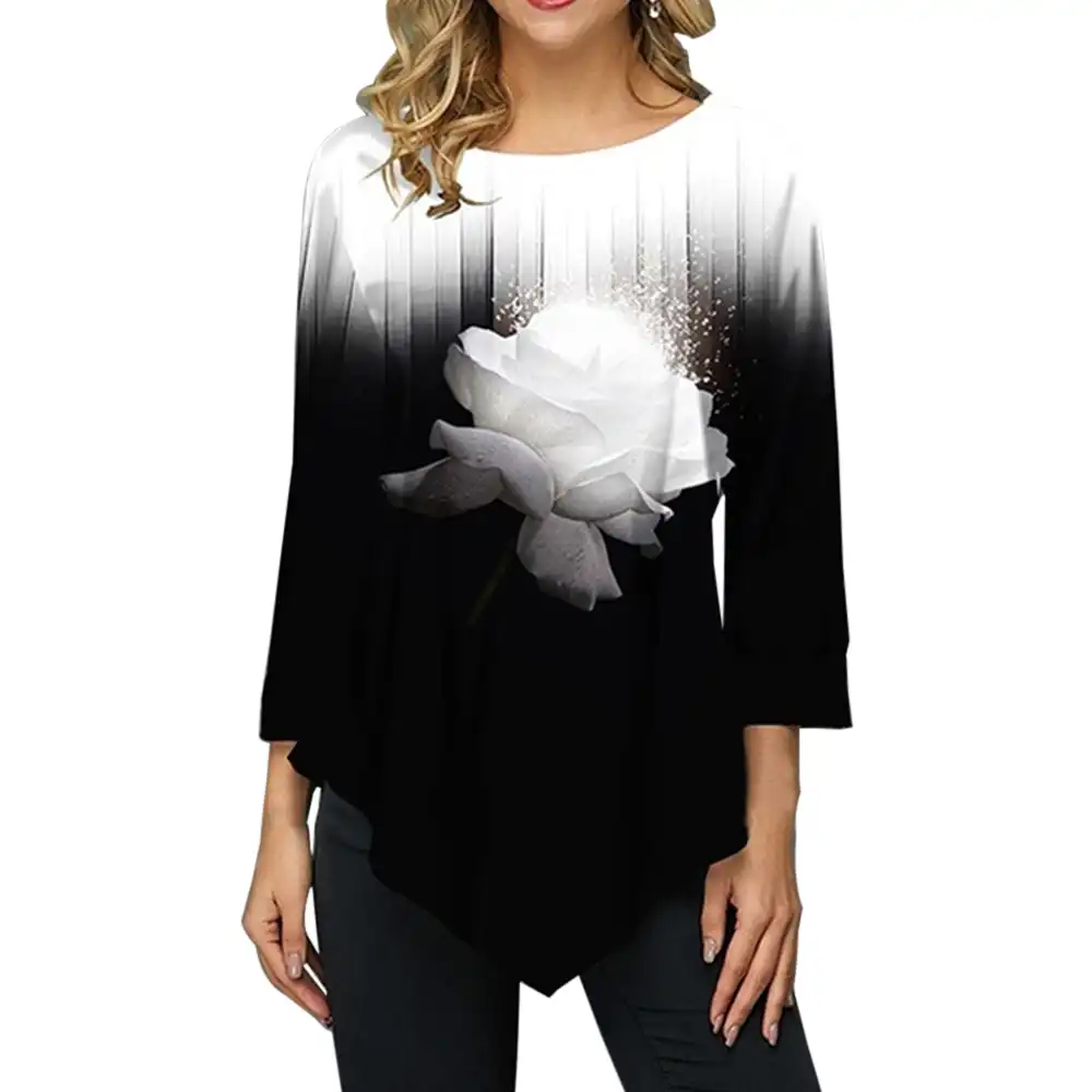 قمصان 3 4 كم الربيع تيشيرت صيفي بلايز المرأة مثير تي شيرت غير رسمي التدرج طباعة س الرقبة تي شيرت زهرة طباعة بلايز تي شيرت Aliexpress