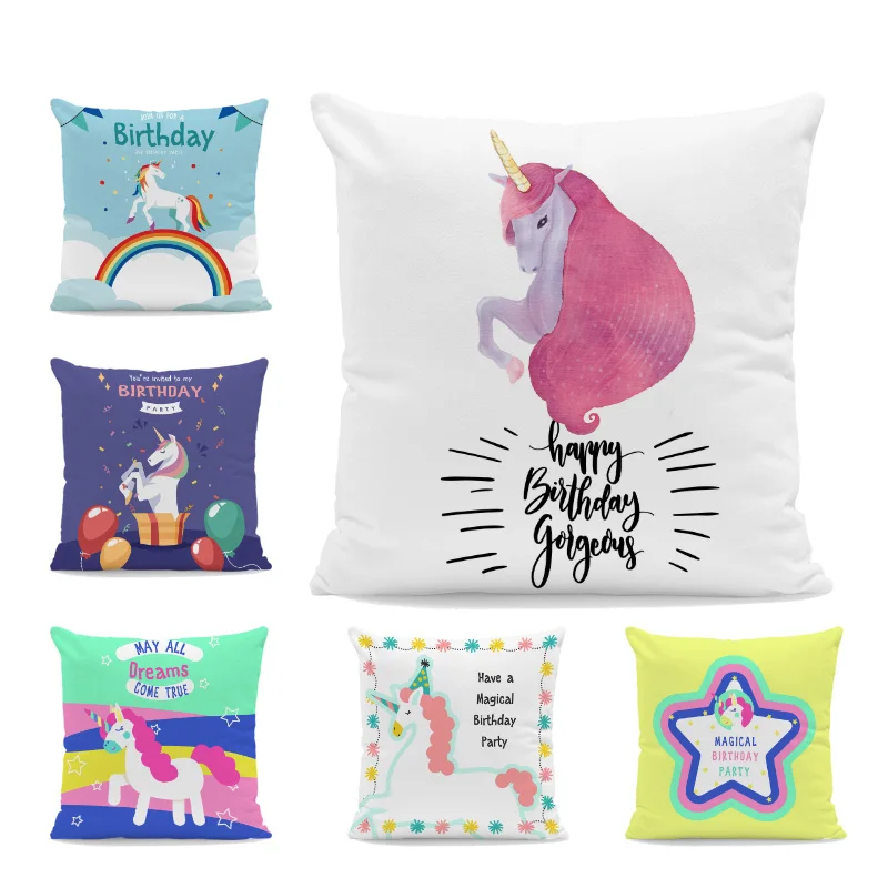 

Romantic Cute Unicorn Pillow White Star Balloon Rainbow Square Pillowcase Living Room Peach Skin Small Decoration Throw Pillow