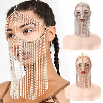 

Tassel Veil Masks Handmade Rhinestone Chain Face Mask Dance Party Costume Head Decor Facemask Mesh Net Party Show