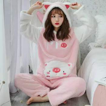 

thickening coral fleece sleepwear female Pajama Sets M-2xl with hooded New Autumn and winter plus size velvet women Pajamas