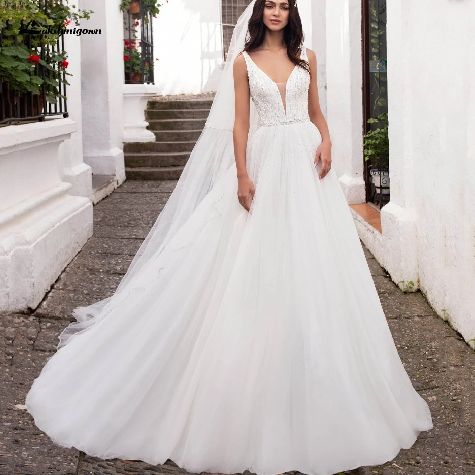 Свадебное платье принцессы с глубоким v-образным вырезом, Vestidos, Sapghetti, свадебное платье на бретельках, расшитое бисером, пляжные свадебные платья в стиле кантри с длинным шлейфом