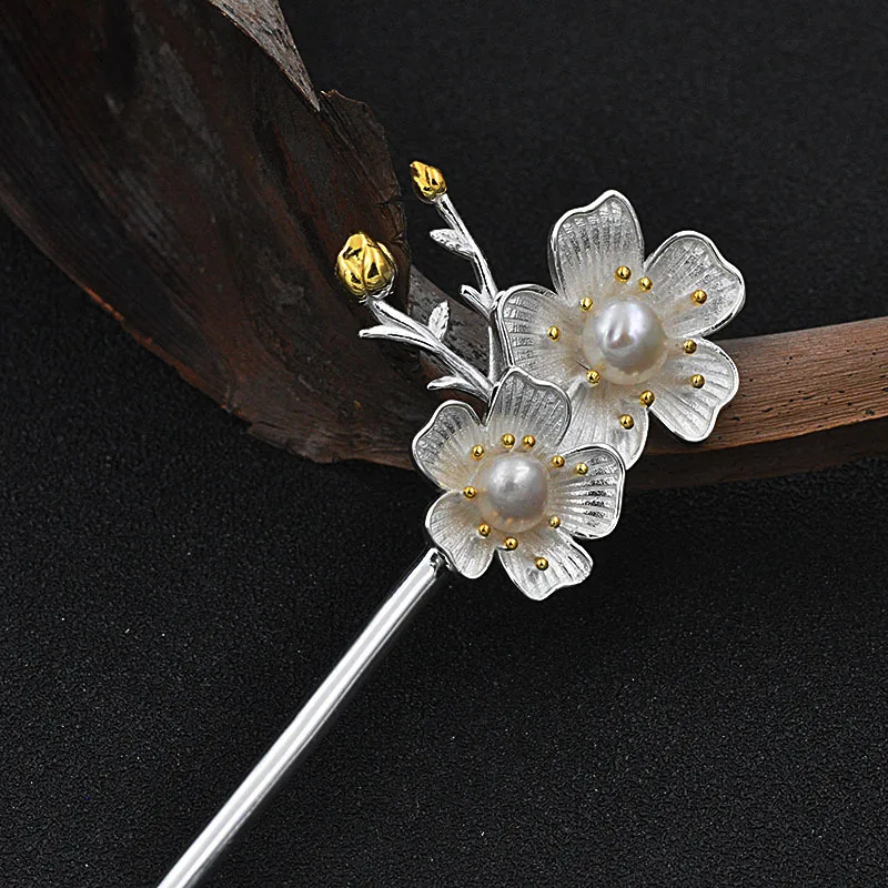 

925 Sterling Silver Natural Pearl Handmade Peach Flower Stick Thai Silver Retro Woman Hair Accessories Fine Jewelry