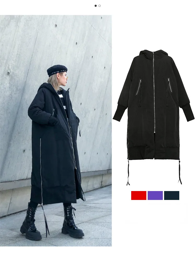 Черная куртка с капюшоном большого размера, пальто с хлопковой подкладкой, длинные рукава, свободная посадка, женские парки, модная новинка, Осень-зима, боковая молния