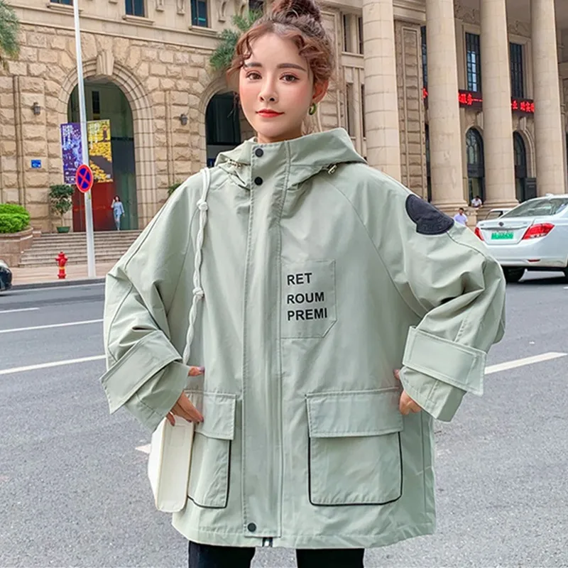 Bean green UHYTGF негабаритных пальто женские бейсбольные форменные студенческие рабочие тренчи однотонные с капюшоном осенние ветровки женские 388 - Цвет: Bean green