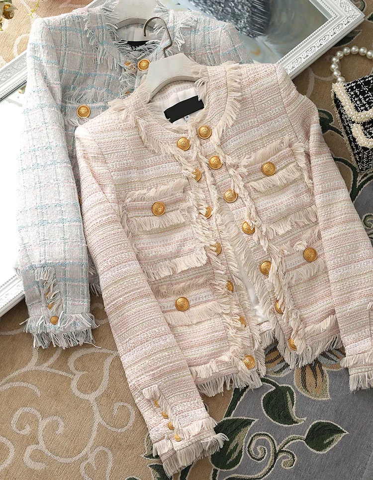 

Wool Tweed Jacket Round Neck Tassels Trim Fringed Front Four Pockets Gold Buttons Long Sleeves