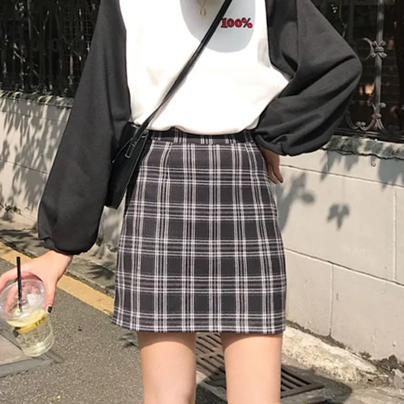Уличная клетчатая трапециевидная юбка Harajuku, женская сексуальная тонкая мини-юбка, корейский стиль, высокая талия, женская повседневная короткая юбка, jupe femme