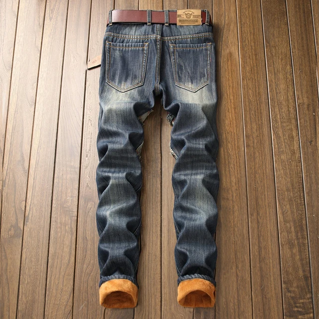 CHOLYL, мужские зимние теплые рваные джинсы, брюки с флисовой подкладкой, рваные джинсовые брюки, плотные теплые потертые джинсы в стиле пэчворк