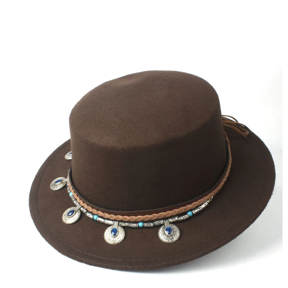 Women Fashion Flat Top Hat Wide Brim Hat Dance Party Boaters Hat Wool Homburg Trilby Hat Size 56-58CM