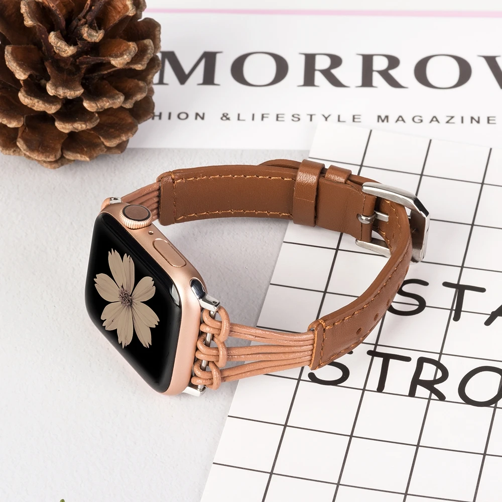 Кожаный ремешок для Apple Watch, 38 мм, 40 мм, 42 мм, 44 мм, розовое золото, для женщин и мужчин, тонкий браслет с кисточкой для отдыха, ремешок для iWatch 5, 4, 3, 2, 1