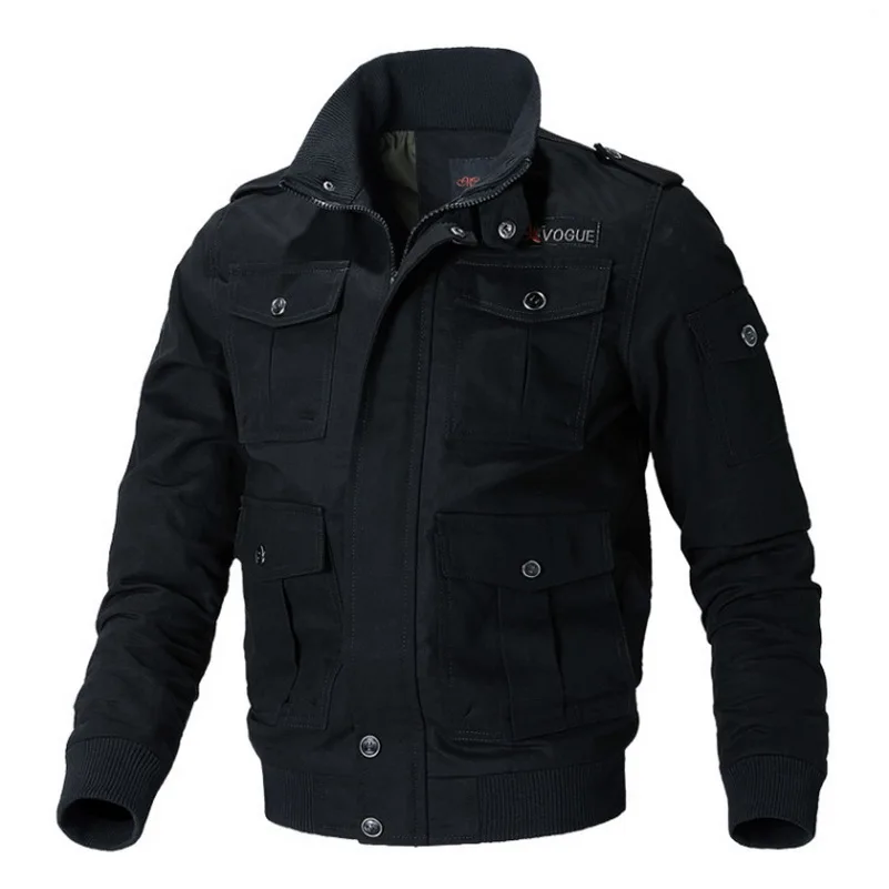 Осенняя хлопковая военная куртка для мужчин, брендовые стильные куртки цвета хаки, мужские куртки-бомберы для улицы, большие размеры - Цвет: Черный