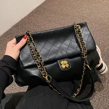

Big Black Quilted Messenger Bag Female Chain Design Shoulder Bag Lozenge Leather Handbags Women's Diamond Lattice Crossbody Bag