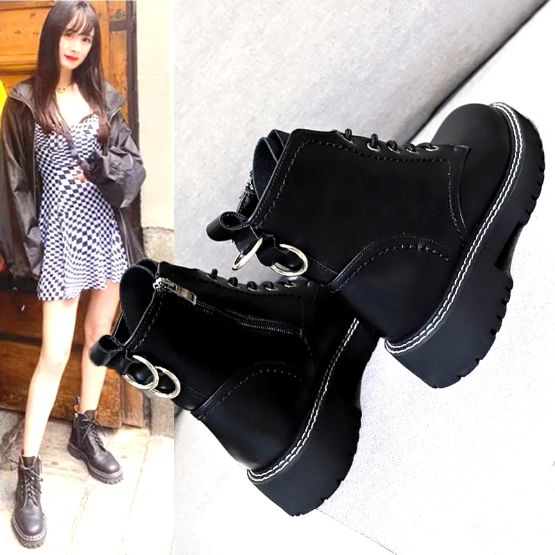 

Shoes Martins For Women Round Toe Lady Boots Low Heels booties Bootee Woman 2019 Luxury Designer Lace Up Rock Ladies Riding Mid