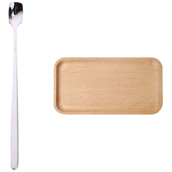

1 Pc Long Handle Ice Cream Spoon Stainless Steel & 1x Solid Beech Wood Dinner Plate Western Food Dessert Serving Tray