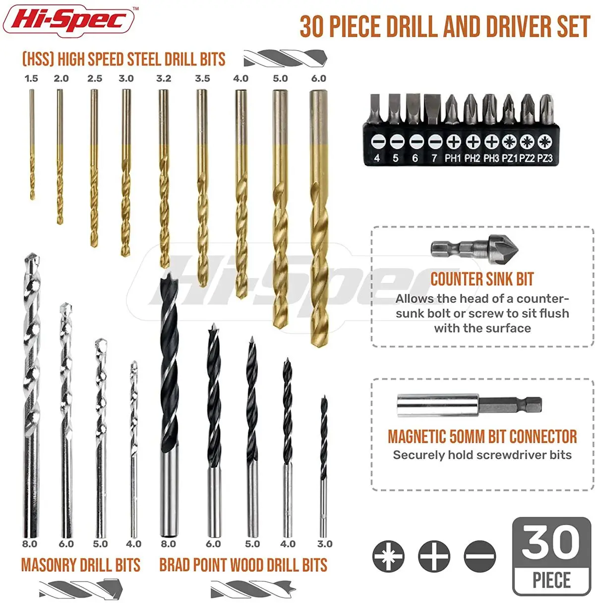 30 Piece Drilling And Driving Set, Metallic