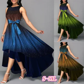

BacklakeGirls Shining Star Sky Printing Gradient Color Sleeveless Sash Bow Irregular Long Evening Dress Galajurken Lang Dames