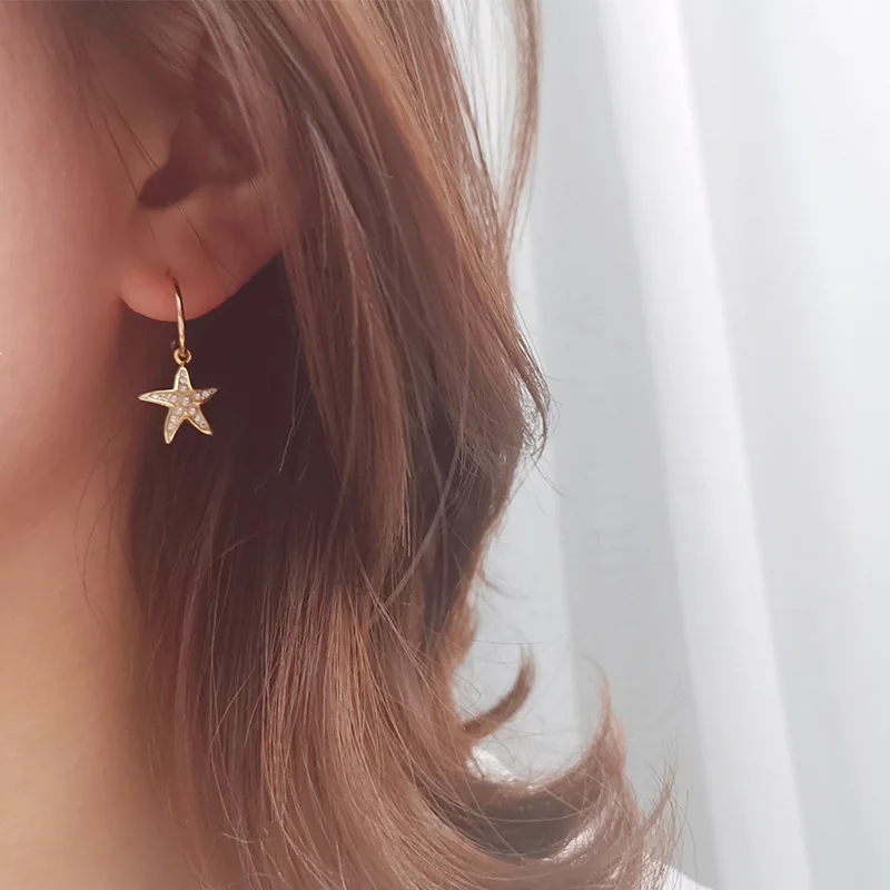 Серьги из стерлингового серебра 925 пробы, модные, персональные, циркониевые, жемчужные, морская звезда, короткие серьги, темпераментная огранка, дикий тренд, ювелирные изделия для девушек