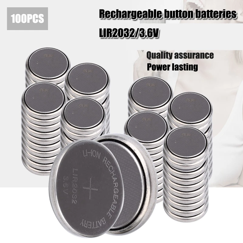100PCS LIR2032 3.6V Button Cells Li ion Rechargeable Battery LIR 2032