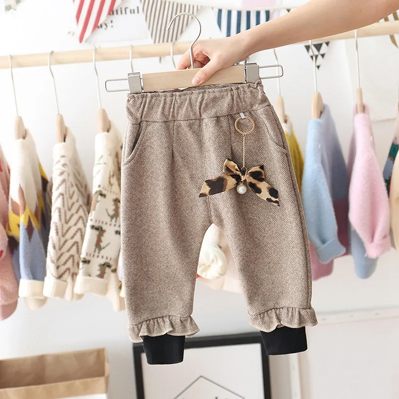 Warm Winter Baby Girls Kids Velvet Ruffles Harem Pants Leopard Bow Trousers Infants Children Princess Thicken Long Pant S10024