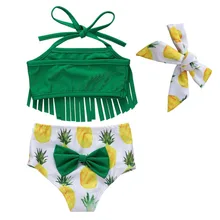 Детский купальный костюм 3 шт./компл. летний костюм для малышей; для маленьких девочек лямки для купальников с фруктовым принтом; топы с бантами+ трусики+ повязка на голову, детский купальный костюм для девочек, купальный костюм