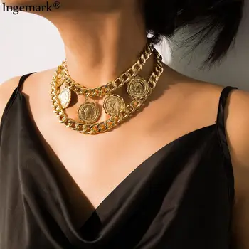 

Exaggerated Punk Cuban Chunky Chain Necklace Collar Statement European&America Fashion Queen Coin Pendant Necklace Women Jewelry