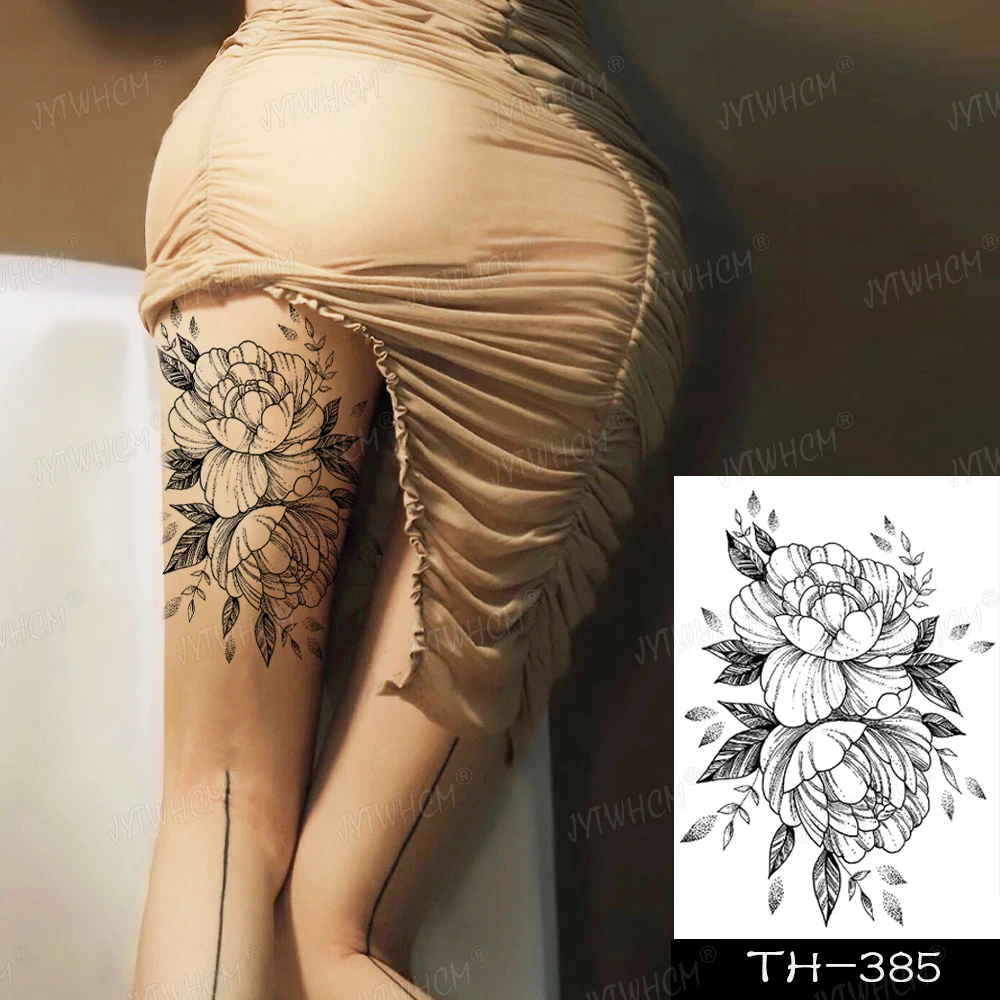 Waterproof Leg Temporary Tattoo Rose Leg Shoulder Black Flower Fake Tattoo Sticker Realistic Art Men And Women Tattoo - Temporary Tattoos - AliExpress