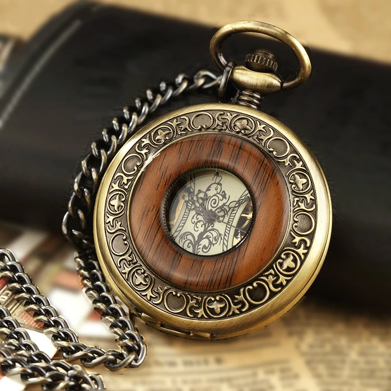 

Box Package Solid Wood Mechanical Pocket Watch FOB Chain Locket Dial Hollow Steampunk Skeleton Men Women Mens Male Clock Watches