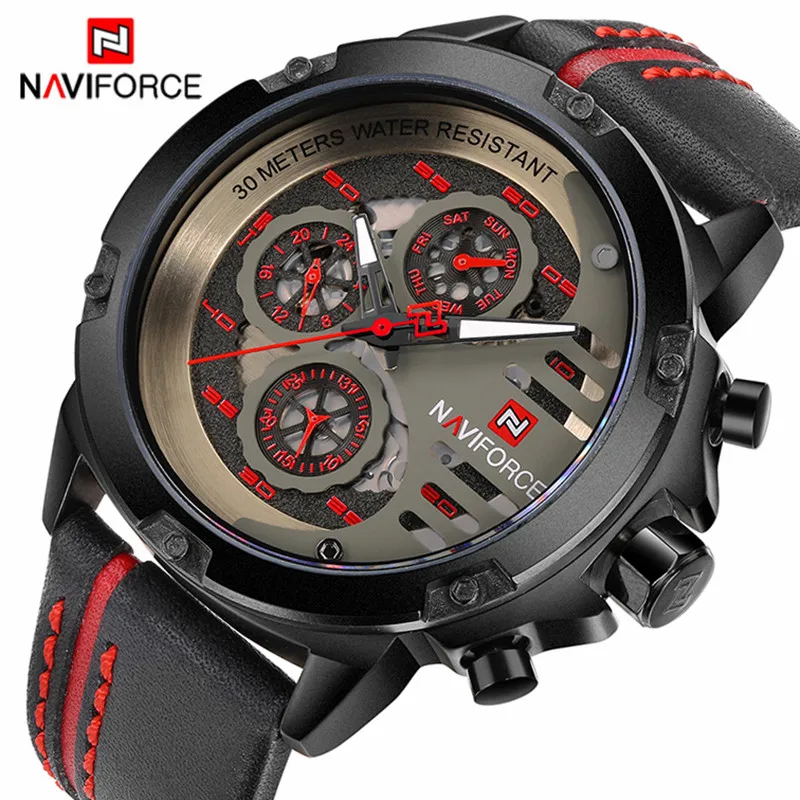 NAVIFORCE, Брендовые мужские часы, Роскошные, красные, спортивные, водонепроницаемые, военные, наручные часы, кожа, кварцевые, мужские часы, Relogio Masculino 9110