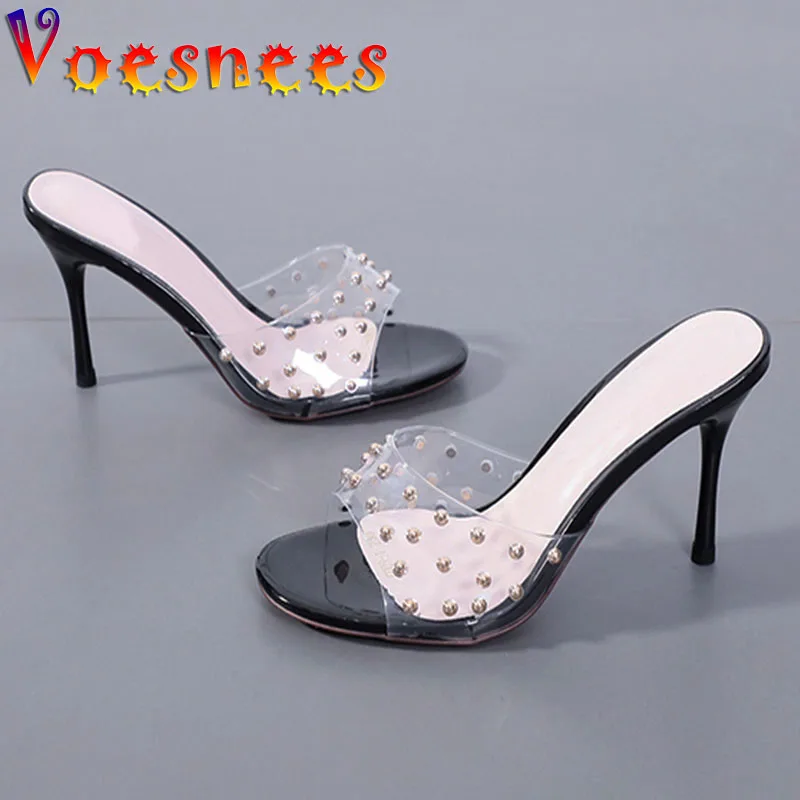 

Voesnees Women Slippers Sexy PVC Transparent 8CM Stiletto Heel Sandals Tidal Cool Ladies Rivet High-Heel Shoes 2021 Summer New