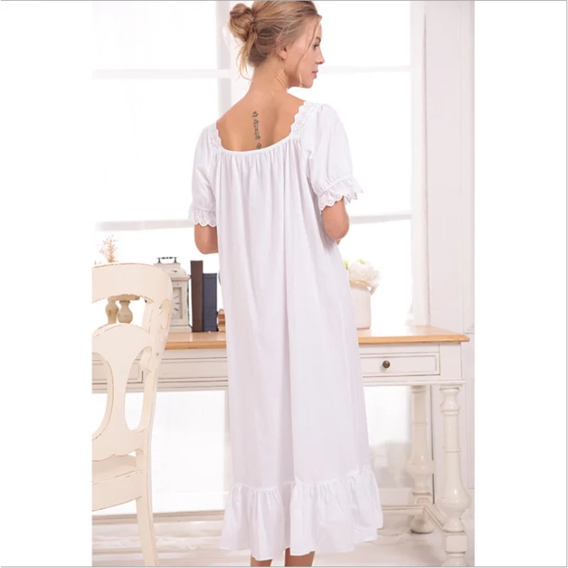 Summer Female Sweety Lace Lovely Sleepshirt Ladies Cotton Long Nightgown Women Short sleeve Square collar sleepshirt