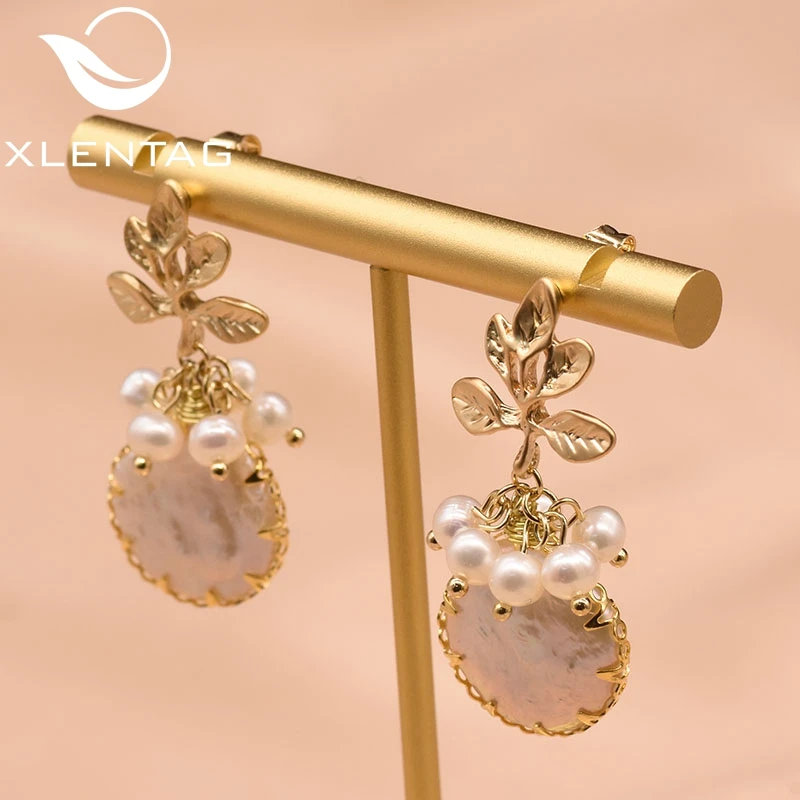 XlentAg Natural Fresh Water Baroque Pearl Drop Earrings Women Plant Leaves Dangle Earrings Luxury Handmade Fine Jewelry GE0308