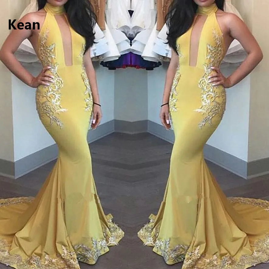 

Yellow Deep V Muslim Evening Dress Mermaid Applique Satin Islamic Dubai Kaftan Saudi Arabic Evening Gown Prom Dress