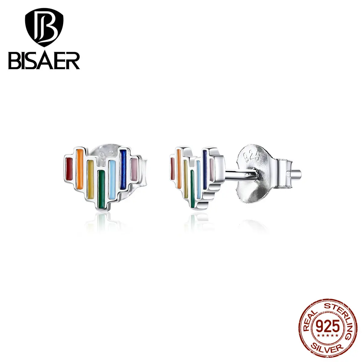 Женские серьги гвоздики из серебра 925 пробы с радужным сердцем|Серьги-гвоздики| |