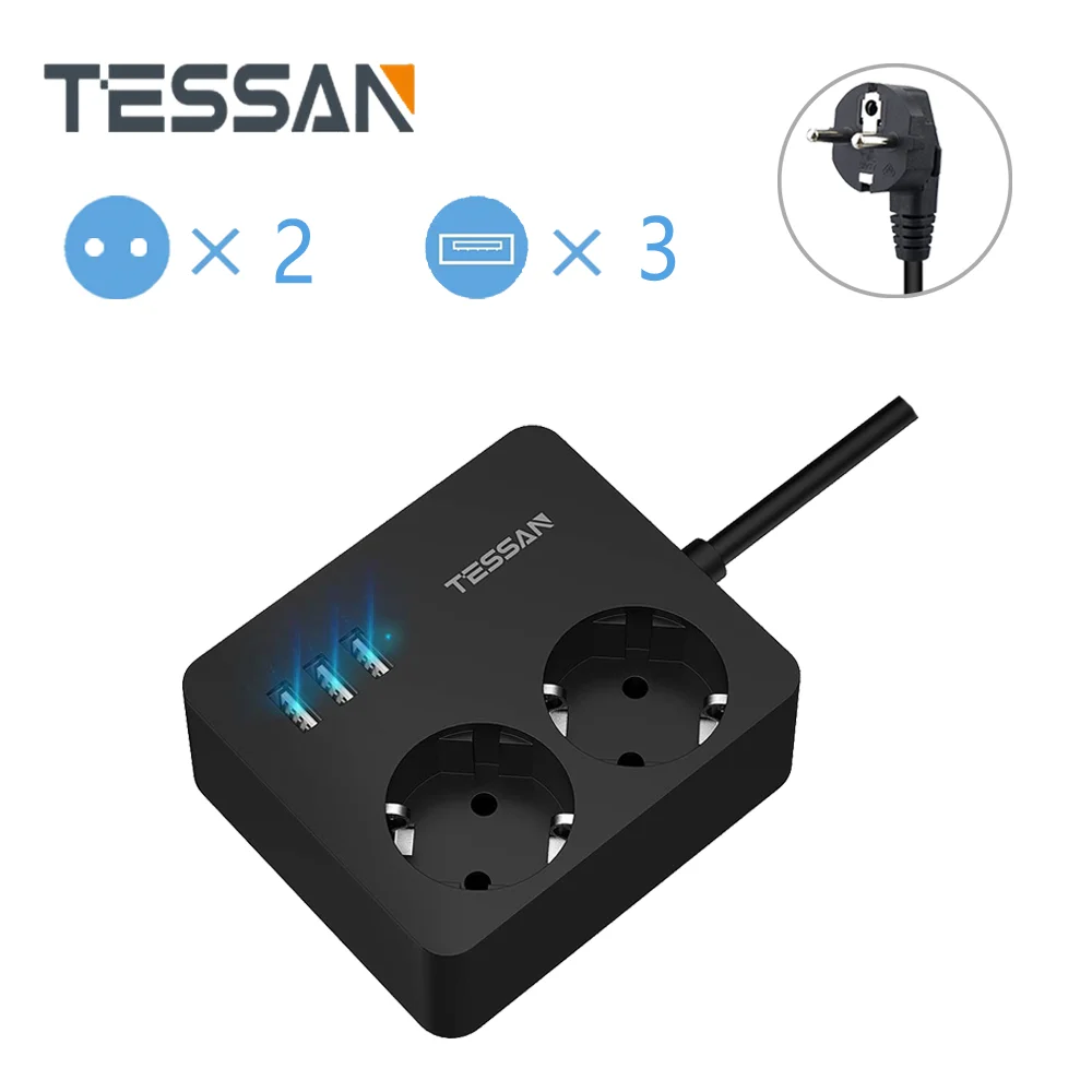 

TESSAN EU Plug Socket Overload Protector Power Strip With 2 AC Outlets 3 USB Ports 1.5M/5ft Extension Cord and On/Off Switch