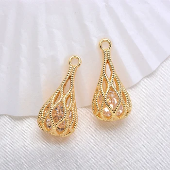 

4PCS 20*10MM 24K Champagne Gold Color Brass with Zircon Double Drop Charms Pendants High Quality Jewelry Accessories