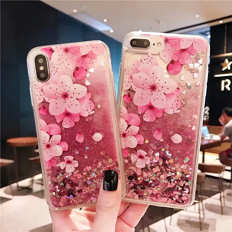 

For Huawei Y6 Prime 2019 Case Glitter Liquid Peach blossom Fundas For Huawei Y6 2019 Case Coque Floral Quicksand Honor 8A Cover