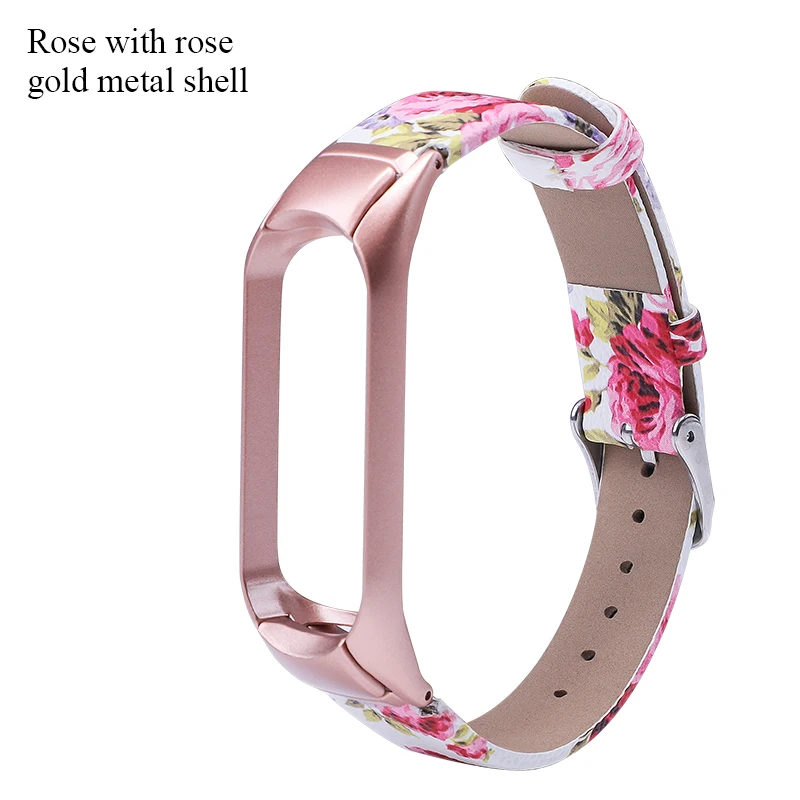 Rose Ремешок BOORUI из искусственной кожи mi Band 4 3, металлический цветной ремешок mi band 4 с цветным цветком, чехол из нержавеющей стали, сменные ремни для mi band 3 4 - Цвет: Rose