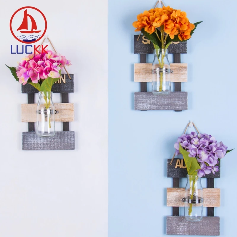 

LUCKK Terrarium Hydroponic Plant Vases Vintage Flower Pot Transparent Vase Wooden Frame Wall Hanging Light Decor For Living Room
