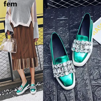 

Crystal Women Shoes Women Flat Bottom Female Comfortable Loafer Slip On Thick Bottom Size 43 Square Toe Shoes FreeShip Platform