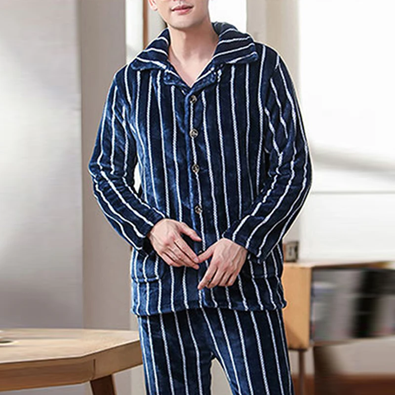 L-3XL Male Grey Nightwear Long Sleeve Winter Thicken Warm Flannel Pajamas Sets Soft Sleepwear Long Pant Male Men Pajamas Sets custom pajama pants Men's Sleep & Lounge