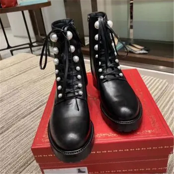 

Pearl Stud Boots Woman Lace Up Shoes Woman Zipper Botas Mujer Mid Calf Ladies Shoes Concise Martin Boots Black Shoes Woman 2019