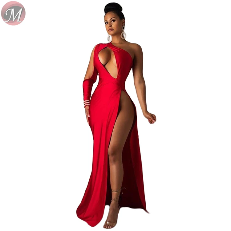 9060618 queenmoen latest design fashion sexy sloping shoulder single cuff high slit woman club party dress