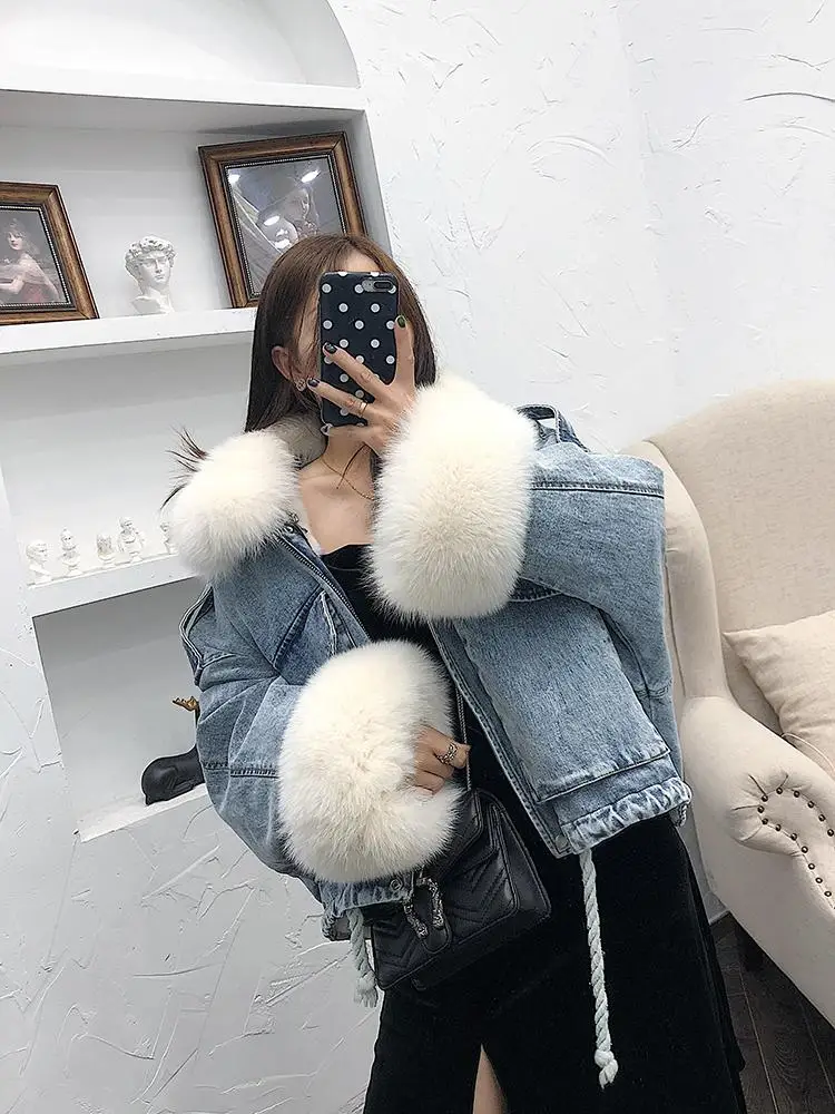 ZITY 2020 Denim Parka Women Winter Jacket Real Fox