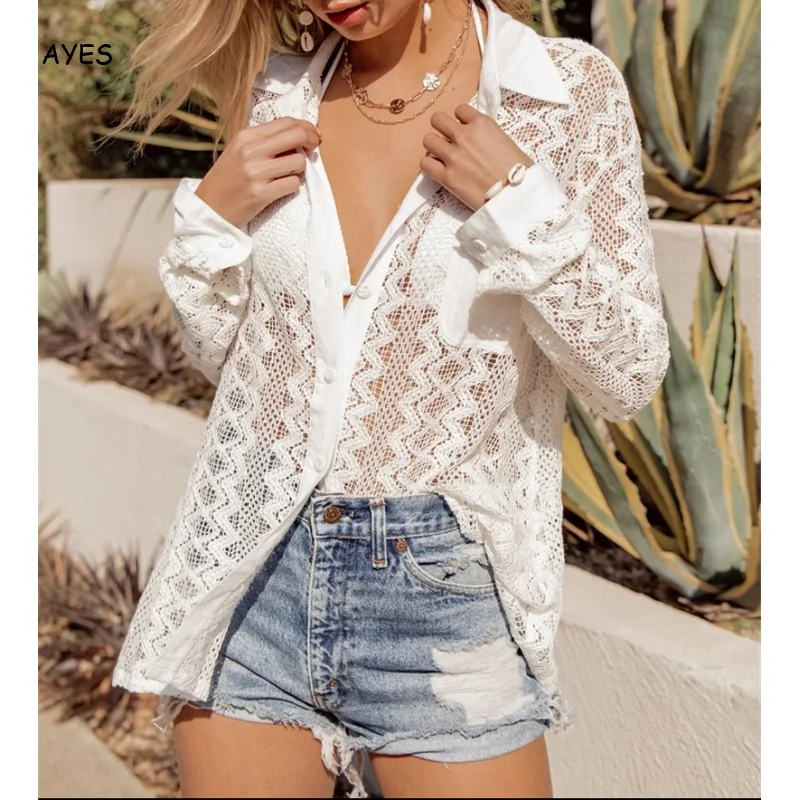 Women White Blouse Shirts Sexy Hollow Out Shirts Long Sleeve High Street Clubwear Blouses Chic Long Sleeve Transparent Shirt OL
