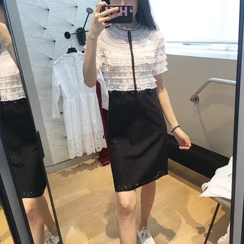 

Women Summer Lace Hollow Out Dress Short Sleeve Tie Bow Ribbon Neck Sexy Slim Cute Mini Dresses