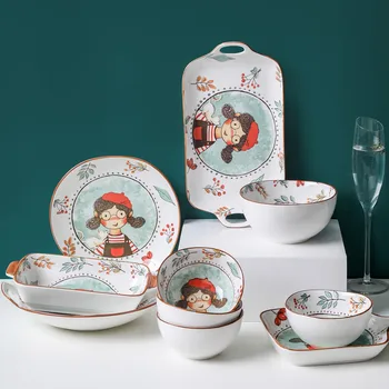 

Kitchen Utensils Porcelain Fairy Forest Cartoon Tableware Dish Set Household Nordic Ceramic Dinner Plate Bowl Soup Bowl