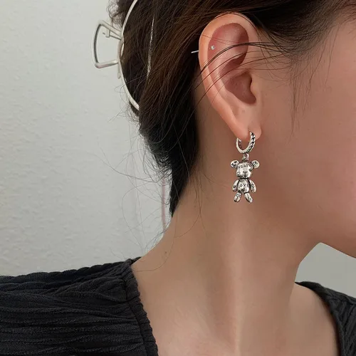 FOXANRY 알레르기 방지 스탬프 후프 귀걸이 빈티지 액세서리 리틀 베어 러브 하트 비대칭 파티 쥬얼리 4