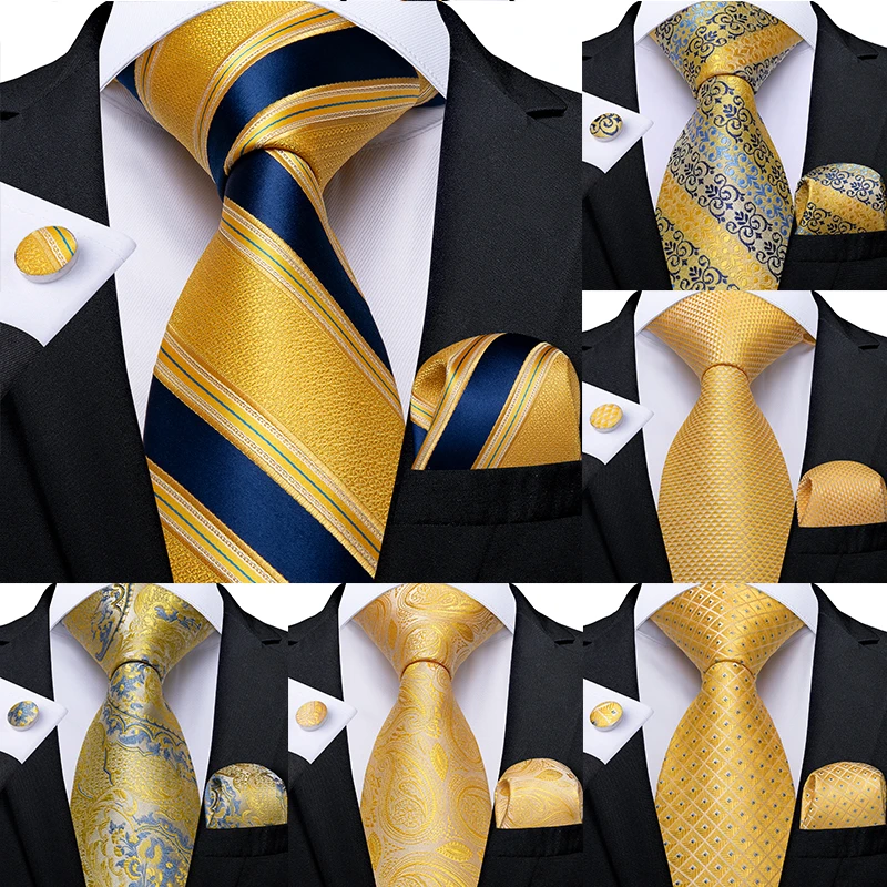 Fashion Men Tie Luxury Yellow Blue Striped Paisley Plaid Silk Wedding ...