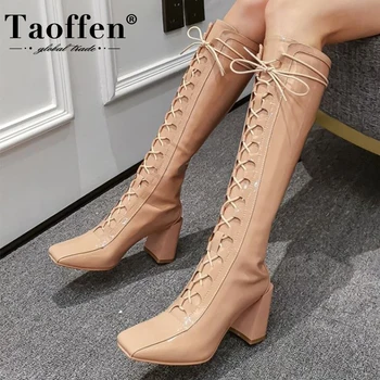 

TAOFFEN Women Knee Boots Thick Heel Square Toe Cross Strap Zipper Shoes Warm Boots Fashion Party Footwear Size 34-39